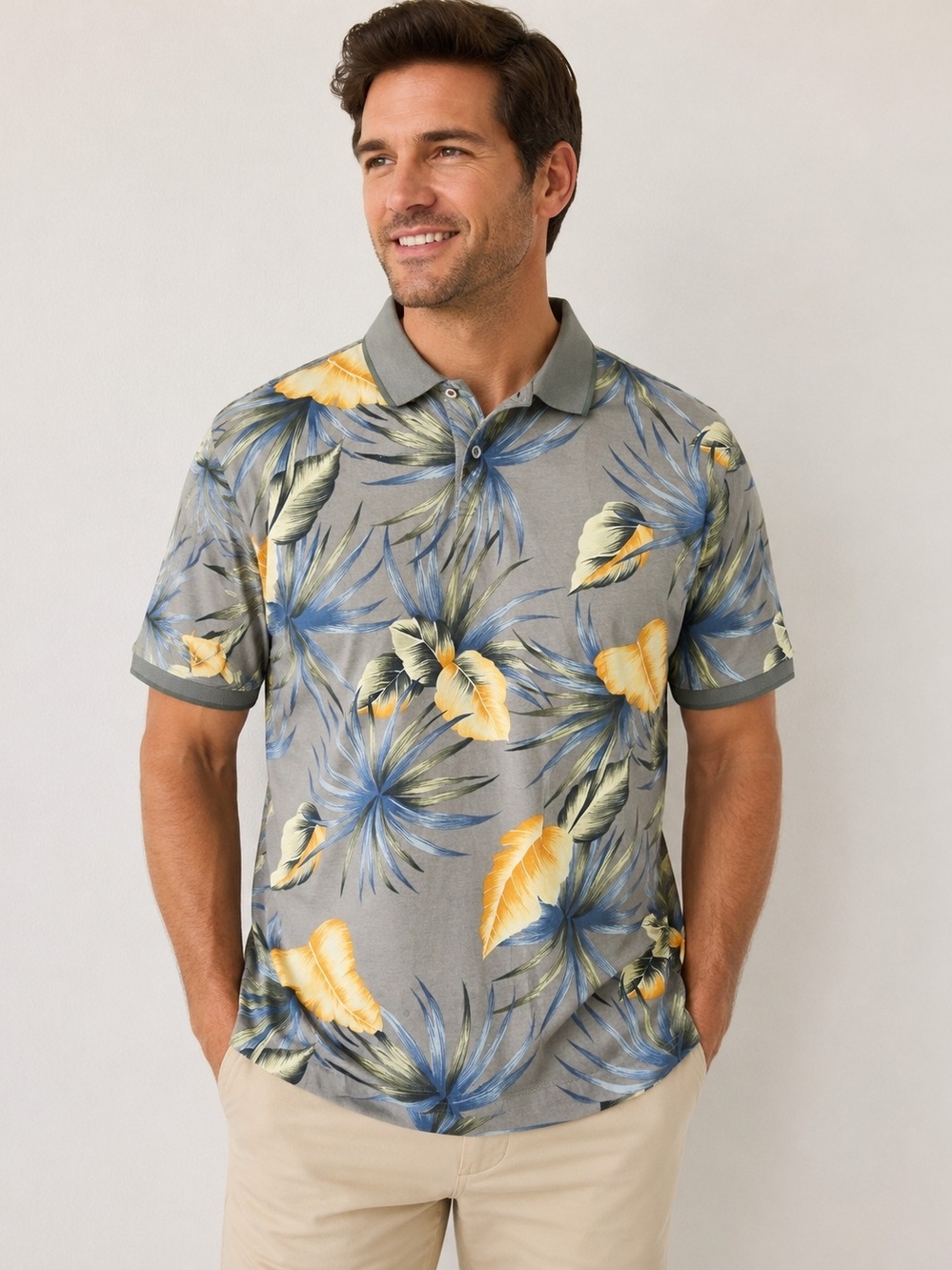 BAMBOO Gray Polo with Blue and Yellow Tropical Print
